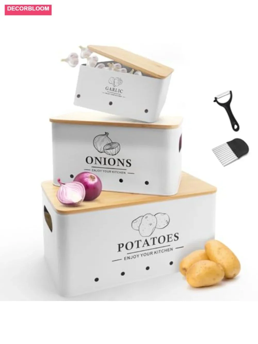 Kitchen Vegetable Storage Set of 3 | Metal Onion Garlic Potato Keeper with